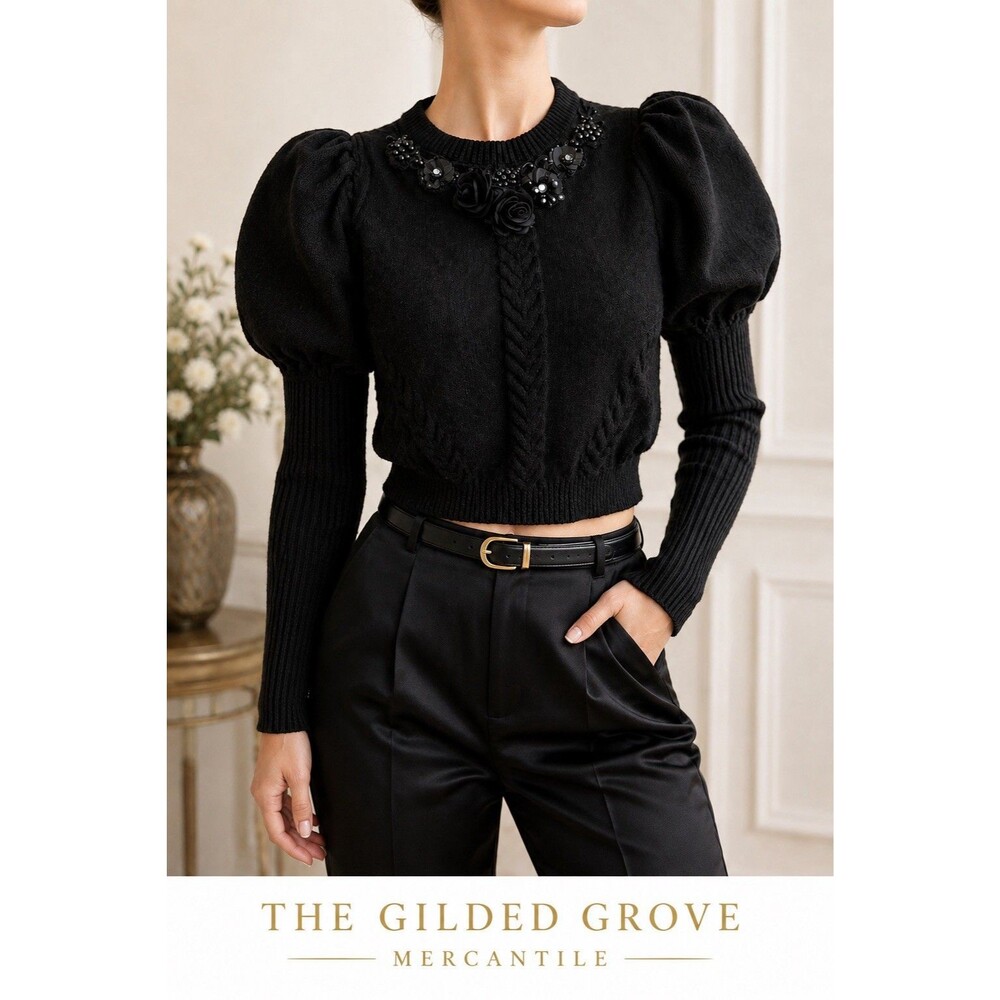 Beulah Style Black Puff Sleeve Embellished Cropped Knit Sweater Top M